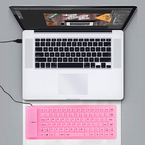 Super Space Foldable Silicone Keyboard, Pink, USB Waterproof Travel Gaming Wired Keyboard, 4.14ft Cable, Full Size for