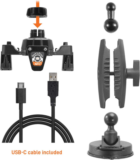 iBOLT xProDock NFC Bizmount - Phone Holder/Mount with Heavy Duty Suction Cup Base and 1.5m USB-C Cable for Windshield,
