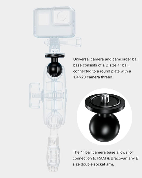 BRCOVAN 2 Pack Aluminum Alloy 1'' Ball Adapter with 1/4"-20 Threaded Stud for Action Camera & Camcorder Compatible with
