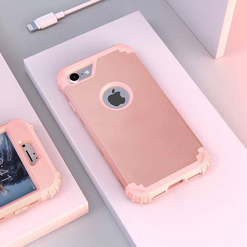 IDweel iPhone 8 Case with Tempered Glass Screen Protector, 3 in 1 Shockproof Slim Hybrid Heavy Duty Cover, Rose Gold