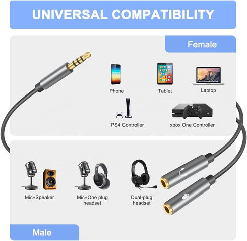 Headphone Splitter TRRS Headset Adapter Y Splitter Cable Stereo Male to 2 Female Separate Mic and Audio Compatible with PS4 Xbox One Laptop Phone PC Gaming Headset (3 Pack)