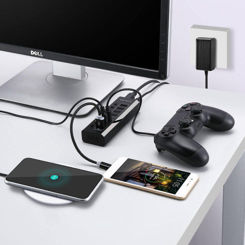RSHTECH 7 Ports USB 3.0 Powered Hub with 4 High Speed Data Transfer + 3 Fast Charging Ports, 36W Adapter (A37-Black)