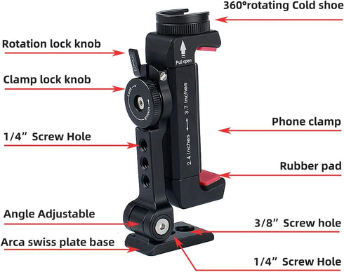 Metal Phone Tripod Mount with Rotatable Cold Shoe for Microphone, Compatible with iPhone Tripod Adapter