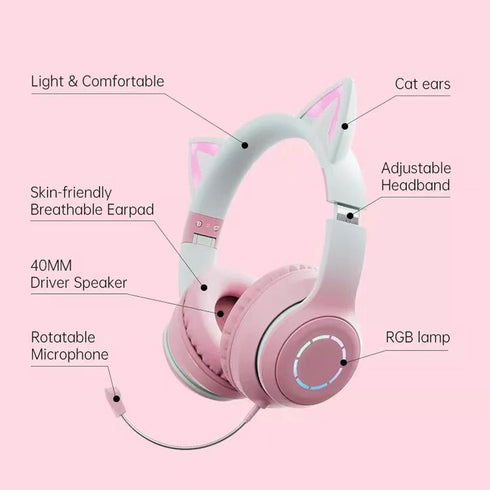 KUIDAMOS Cat Ear Headphones with Detachable Microphone, 7 Colors LED Lights, Foldable Over Ear Headphones, BT and Wired