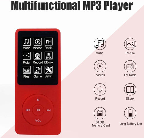 imkavery 64GB MP3 Player with Speaker Earphones Portable Music Player for Kids Support Voice Recorder Photo Video