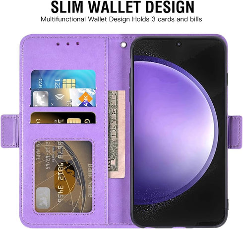 Asuwish Samsung Galaxy S23 FE 5G Wallet Case: Leather Flip, Tempered Glass Protector, Card Holder, Lanyard - Purple.