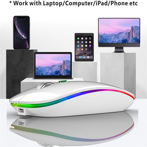 TENMOS Wireless Bluetooth Mouse, LED Slim Dual Mode Rechargeable Silent Mouse with Type C Adapter