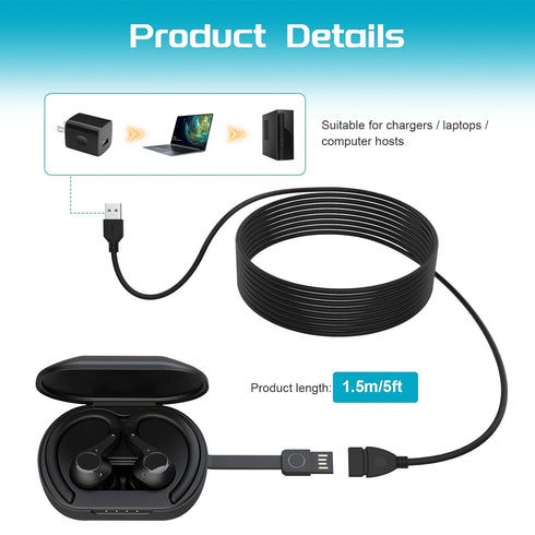 USB Extension Charger Cable for JLab Go Air Pop/Sport, Epic Air ANC/Sport ANC, JBuds Air/Sport/Executive/ANC/Play