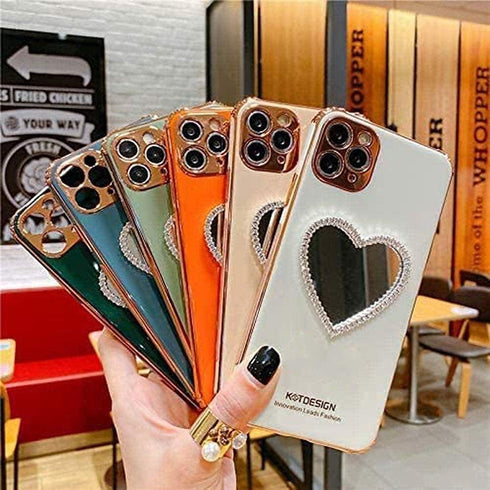 Luxurious Bling Heart-Shaped Makeup Mirror Phone Case for iPhone 11, Light Green - Stylish & Functional!