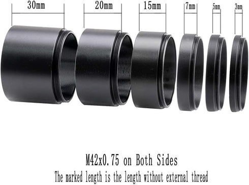 Telescope T2-Extension Tube Kit for Cameras and Eyepieces - Lengths 3mm to 30mm, M42x0.75