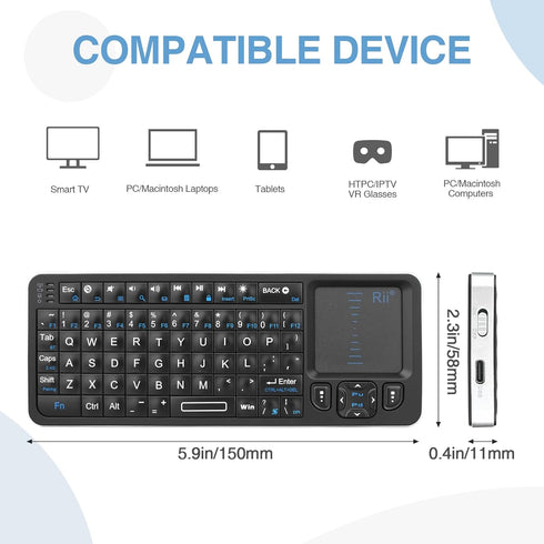 Rii K06 Mini Bluetooth Keyboard - Backlit 2.4GHz Wireless Keyboard with IR Learning, Portable Lightweight Touchpad,