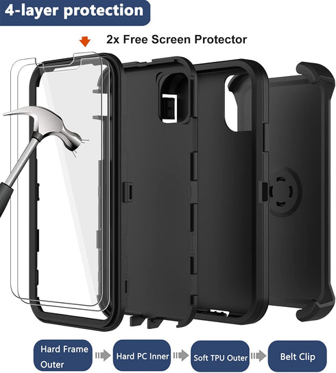 iPhone 12/12 Pro Case - Heavy Duty Rugged Cover with Belt Clip Holster & 2X Screen Protector (Black B)