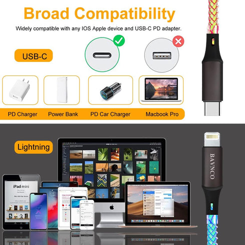 LED iPhone Fast Charger, 3ft RGB Light Up MFi Type C to Lightning Cable for iPhone 14 13 12 11 Pro Max and More