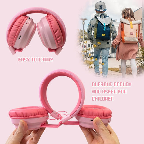 Kids Bluetooth Headphones 5.3, Wireless 60H Play Time, Volume Limited Over Ear Foldable Headset (Pink)