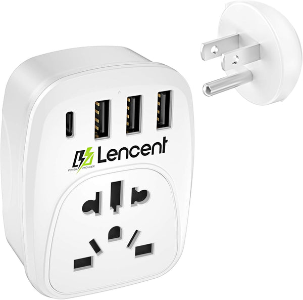 LENCENT World to US Plug Adapter with 3 USB & 1 PD Type-C Quick Charger Ports, Type B European to USA Power Adaptor