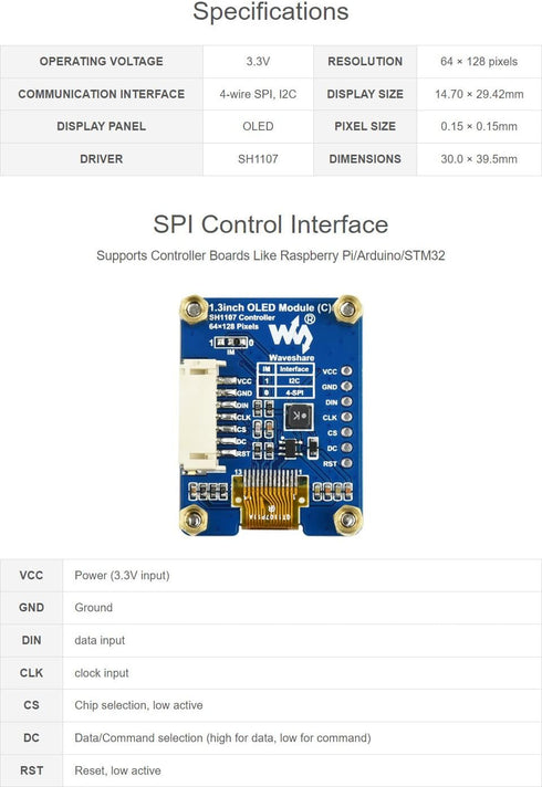waveshare 1.3inch 64128 I2C OLED Module, Resolution Black/White Display Module with SPI and Interface for Raspberry Pi