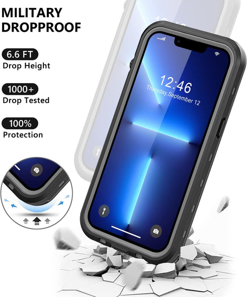 Waterproof Case for iPhone 13 Pro with Built-in Screen Protector, Shockproof Dustproof Full Body IP68 (Black/Clear)