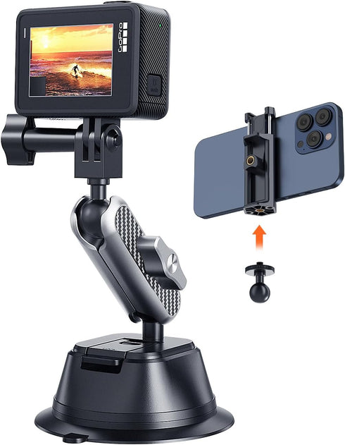 Suction Cup Mount for Gopro iPhone, Anti-Shake Metal Arm Car Camera Mount with 1/4 Thread & Phone Holder for VLOG/Video