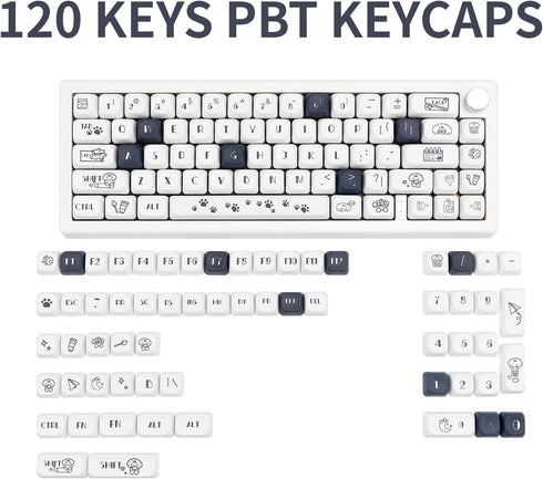 PBT Keycaps 120 Keys, Black White Cute Keycaps, Dye-Sublimation Puppy Comic Theme for Mechanical Keyboards
