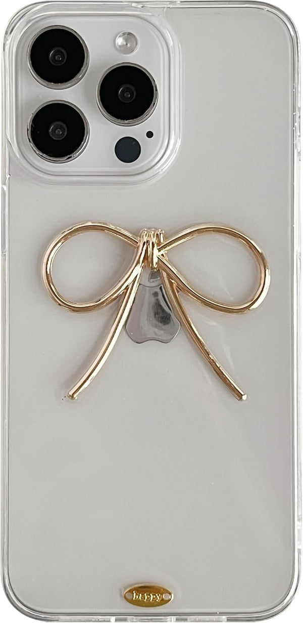 Simple 3D Bow Clear Soft Phone Case Compatible with iPhone (Gold, iPhone 15)