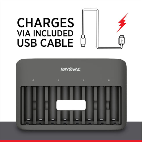 Rayovac 8 USB Battery Charger, Bay Charger for NiMH AA and AAA Rechargeable Batteries, Fast Charger for Batteries