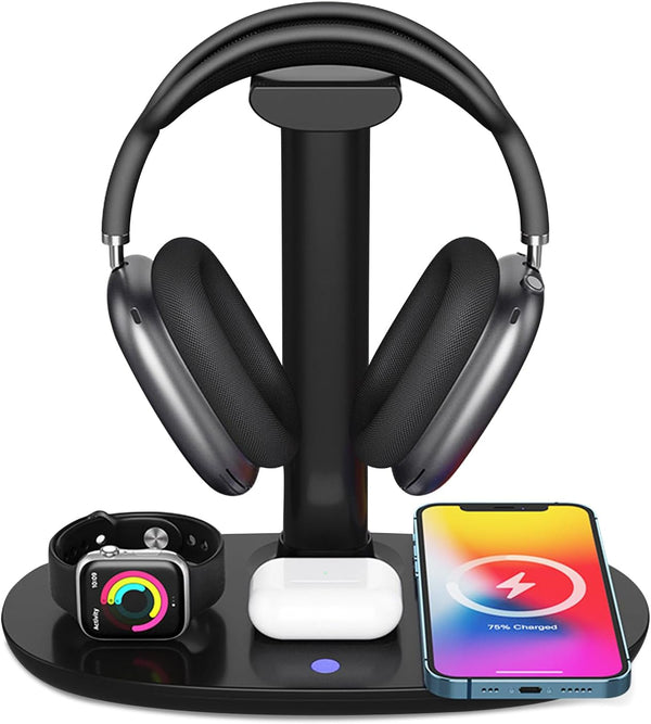 4 in 1 Headphone Stand with 15w Qi Charging Station, Detachable Design for Travel, Home, Hotel