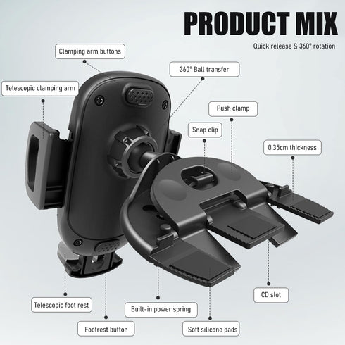 Gasedin 360 Car Phone Holder for CD Slot, Magnetic or One Button Release Hands Free Car Phone Holder, Silicone Pad