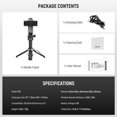 NEEWER 360 P15 Selfie Stick Tripod for iPhone, Lightweight Foldable Mini Travel Desk Stand with Cell Phone Holder Cold