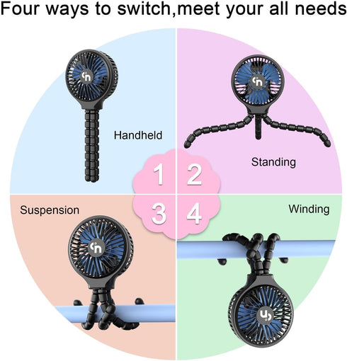 WiHoo Mini Handheld Stroller Fan,Personal Portable Car Seat Baby Fan with Flexible Tripod Fix on Stroller,USB or Battery Operated Desk Fan Adjustable 3 Speeds for Travel Treadmill Golf Cart