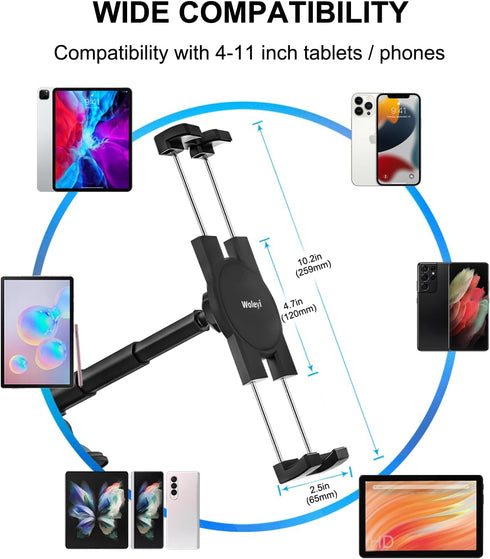 woleyi 4.7-11" Dashboard Car Tablet Mount, Telescopic Tube Suction Cup Car Tablet Holder, Compatible with iPad