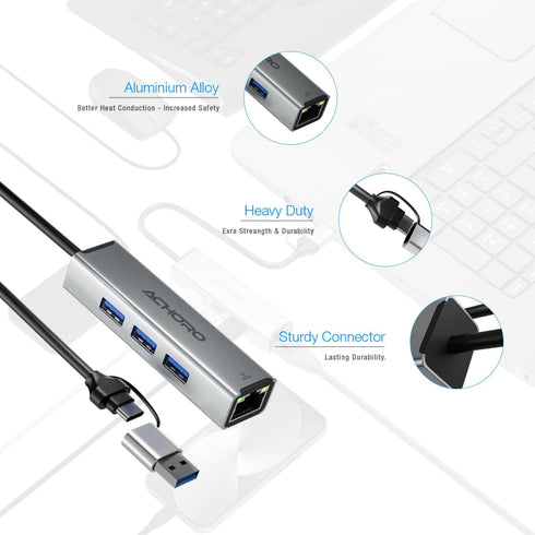 ACHORO USB Port Expander with LAN - Built in USB A & USB C to USB Port Ethernet Port Adapter - Multiple USB Port for