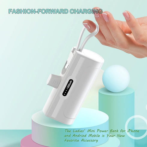 Portable Mini Power Bank Charger for iPhone Apple (Direct Plugin) and for USB C Android Device (Wired), 4800mAh Emergency Fast Charge Small External Battery Power Bank -White
