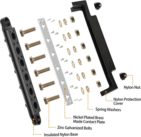 Mofeez Power Distribution Block Bus Bar, 6 x 3/8" Posts, 10 x #8 Screws, Max 48V 250A (Pair, Red & Black)