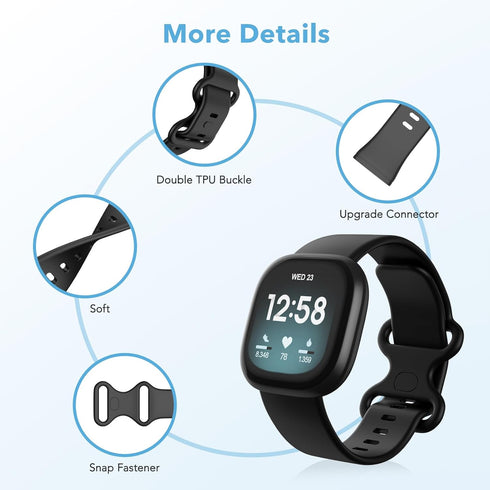 2 Pack Waterproof Bands for Fitbit Versa 3/Versa 4/Sense/Sense 2, Classic Soft Sports Replacement Wristbands