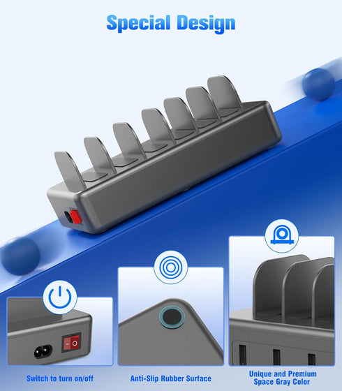 CREATIVE DESIGN 50W Charging Station, 6 Port Multiple USB Charger Station with 6 Cables for iPhone, iPad, Kindle, and