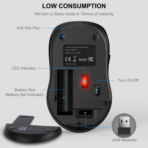 WisFox 2.4G Wireless Mouse for Laptop, Ergonomic Computer Mouse with USB Receiver and 3 Adjustable Levels, 6 Button