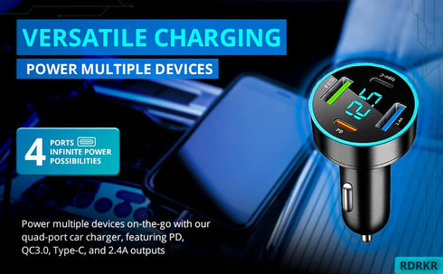 66W Car Charger, 4-Port Cigarette Lighter USB Charger, 2 * USB 2.4 + PD + Type C Adapter with Voltmeter, Compatible