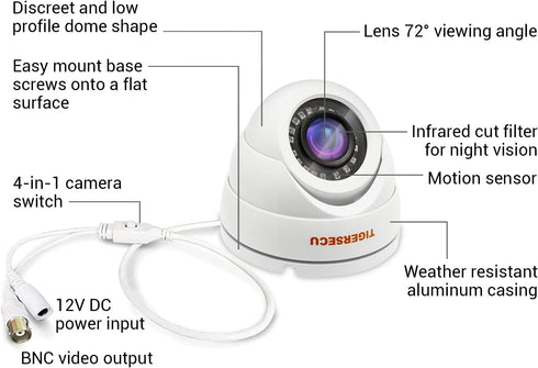 TIGERSECU Super HD 1080P Wide Angle Dome Security Camera with OSD Switch, 4-in-1 for Indoor/Outdoor Use