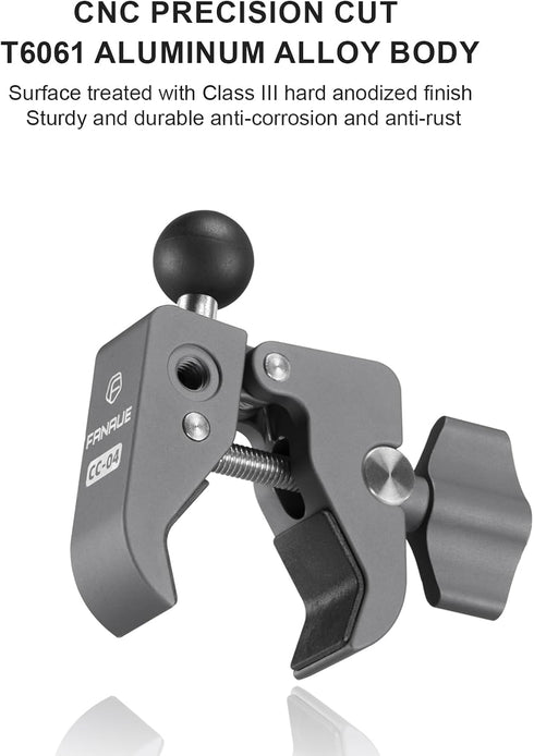 FANAUE Aluminum Handlebar Base Mount with 17mm Ball Head Adapter, Strong Rod Clamp for Rails 0.5'' to 2'' Diameter,
