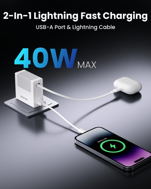 Gitryin 40W 33.5in iPhone14/13/12, Portable Charger Block, Retractable Wall Charger, PD Fast Charging Block