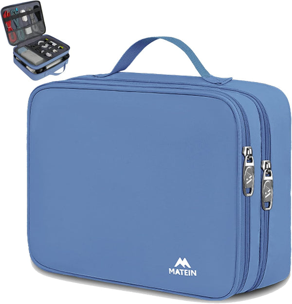 MATEIN Electronics Organizer Bag, Double Layers Tech Organizer with Handle for Cable, Charger, Phone, Ipad Mini, Blue
