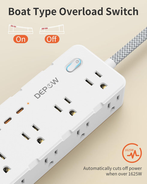 Power Strip Surge Protector, 5FT Braided Extension Cord with 8 AC Outlets and 4 USB Ports for Home Office
