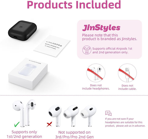 Jinstyles Wireless Charging Case Replacement for AirPods 1st & 2nd Generation, Black, with Bluetooth Sync Pairing Button
