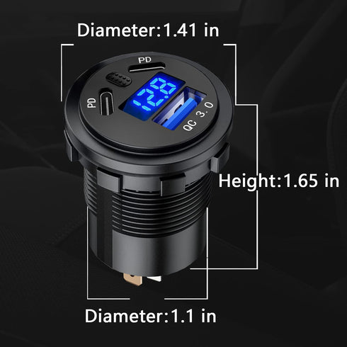 BATIGE 3 Ports Car Charger Socket, Dual 45W PD Type C & 18W QC 3.0 with Voltmeter for 12V/24V Car Boat Marine