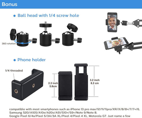 Overhead Tripod Mount for Camera Webcam Ring Light with Phone Holder and Ball Head