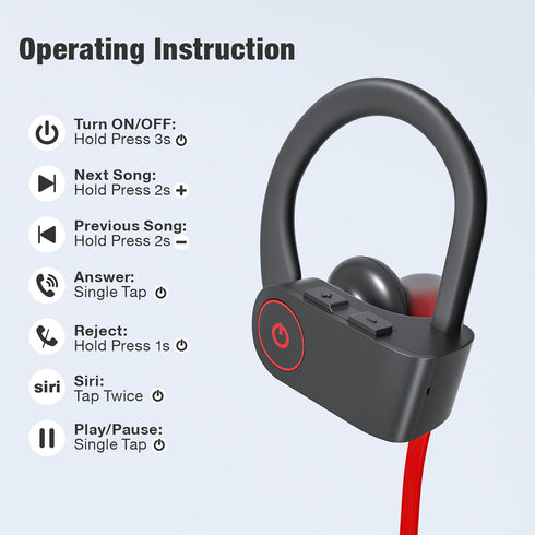 Bluetooth Headphones, Wireless Headphones 16H Playtime Wireless Earbuds with Mic Stereo in-Ear Earphones, IPX7 Waterproof Sports Headphones Sound Isolation Headsets for Running, Workout Red