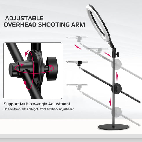 ULANZI Overhead Phone Mount with 10" Selfie Ring Light, Tabletop Light Stand with 360° Shooting Arm for Video Recording