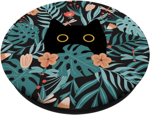 Black Cat in Botanical Flowers, Green Floral Pattern Cute Cat PopSockets Standard PopGrip