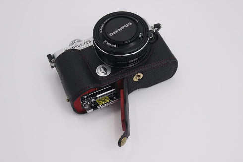 E-P7 Case, BolinUS Handmade Leather Half Camera Bag for Olympus Pen E-P7, Bottom Opening Version, Black