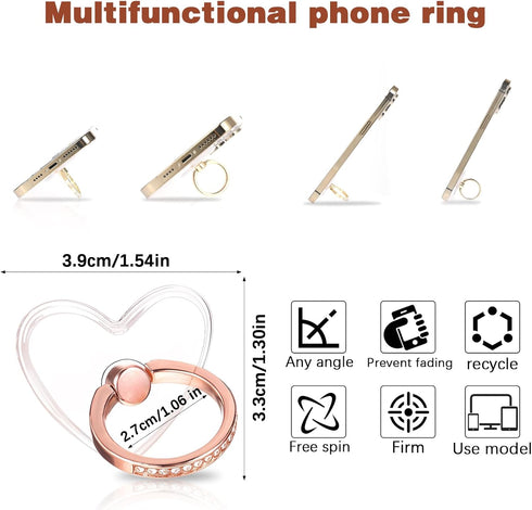 Nogeqi 4 Pack Setting 360 180 Transparent Phone Ring Grip Adjustable Phone Case Ring Phone Grip Heart Diamond Ring